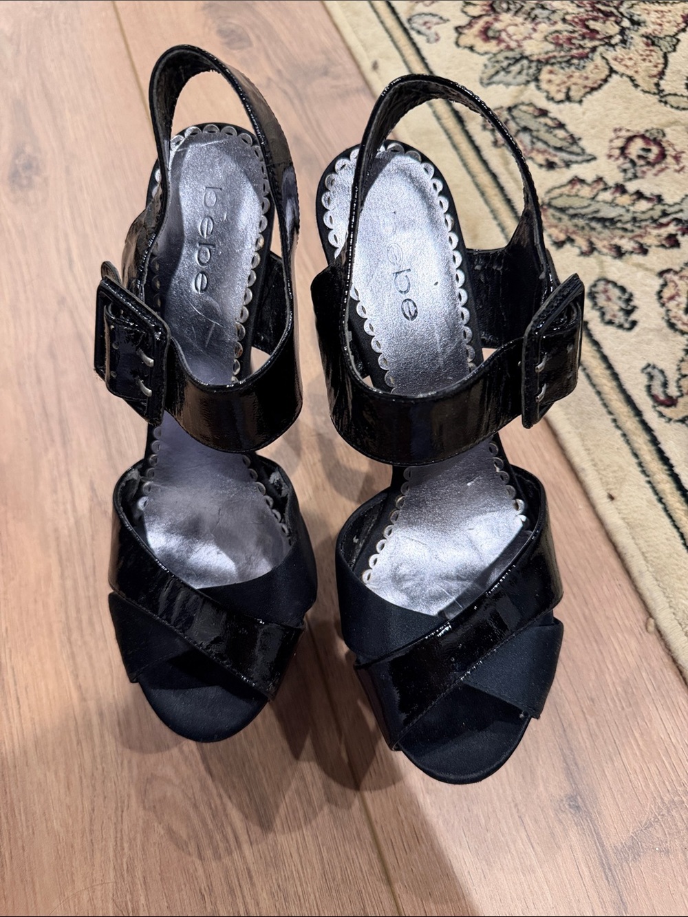 bebe Black Patent Slingback Heels with Buckle Strap
